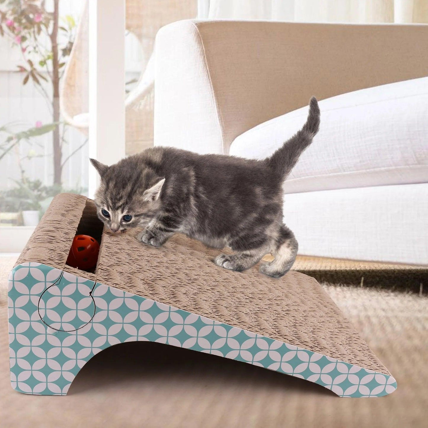 2 - in - 1 Cat Scratcher Cardboard with Catnip & Ball – Removable Corrugated Cat Scratching Pad for Indoor Cats - Petopia