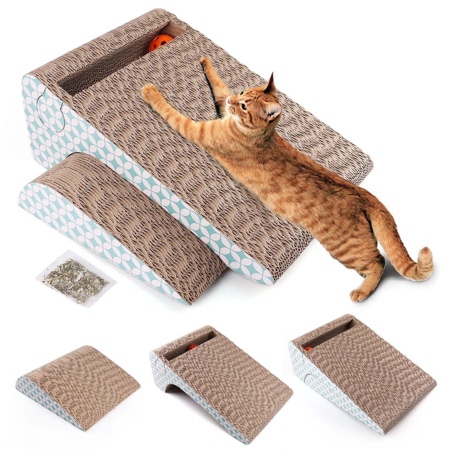 2 - in - 1 Cat Scratcher Cardboard with Catnip & Ball – Removable Corrugated Cat Scratching Pad for Indoor Cats - Petopia