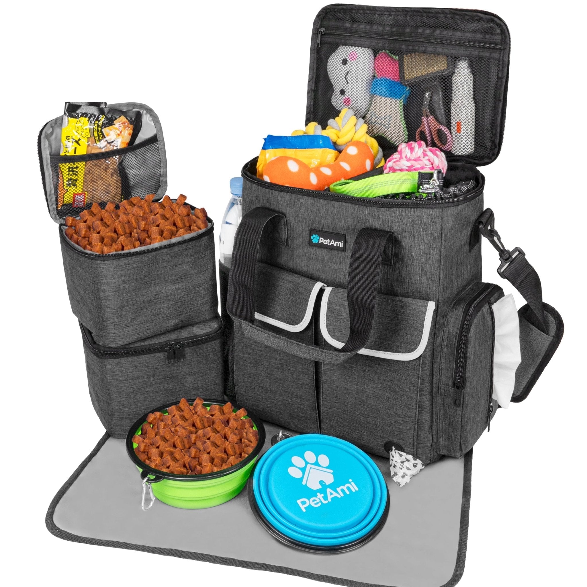 Dog Travel Bag Pet Supplies Accessories Organizer for Traveling, Camping, Weekend; Cat Pet Travel Bag Kit Includes 2 Food Storage Containers, 2 Collapsible Bowls, 1 Feeding Mat (Dark Gray) - Petopia