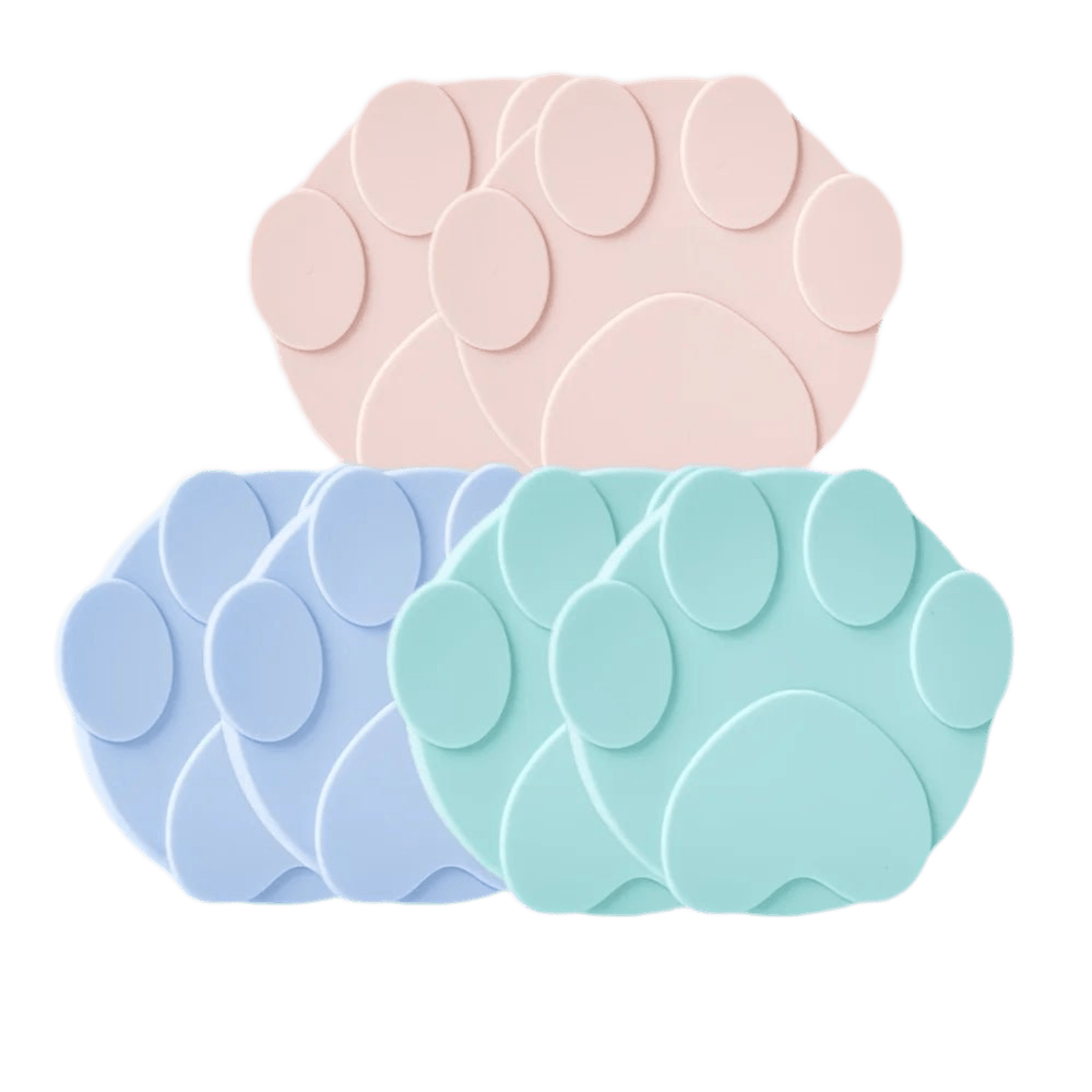 Reusable can storage cover in pastel colors shaped like paw prints, suitable for canned pet food.