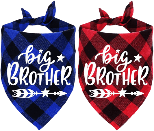 2 - Pack Plaid Dog Bandanas - Big Brother Blue & Red for Gender Reveal & Pregnancy Announcements - Petopia
