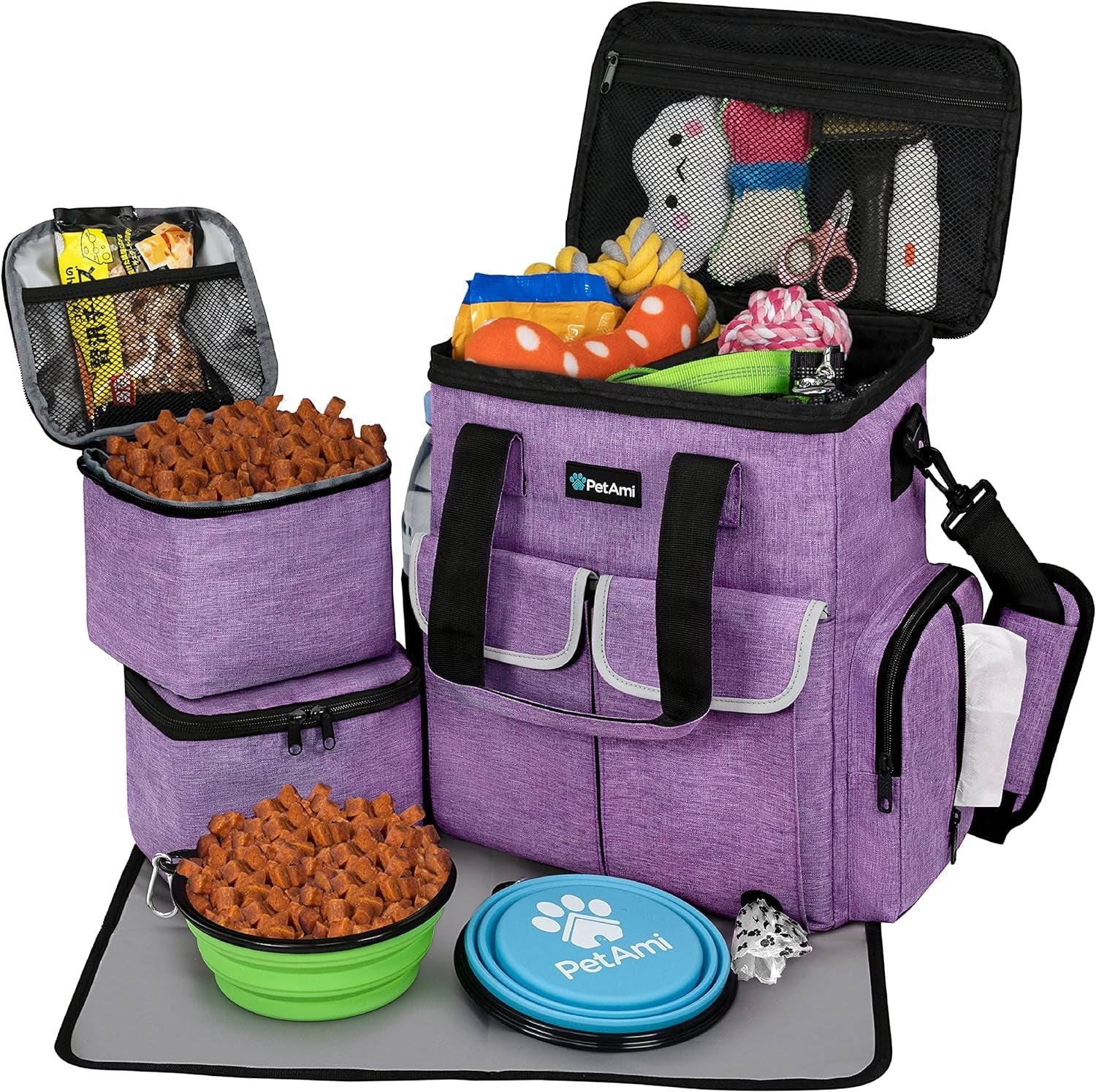 Dog Travel Bag Pet Supplies Accessories Organizer for Traveling, Camping, Weekend; Cat Pet Travel Bag Kit Includes 2 Food Storage Containers, 2 Collapsible Bowls, 1 Feeding Mat (Purple) - Petopia