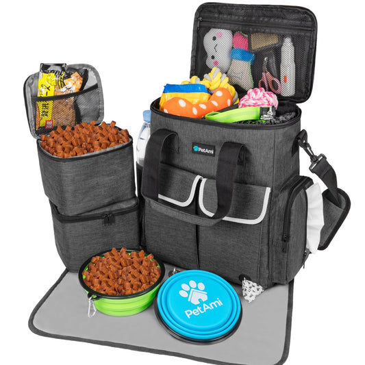Dog Travel Bag Pet Supplies Accessories Organizer for Traveling, Camping, Weekend; Cat Pet Travel Bag Kit Includes 2 Food Storage Containers, 2 Collapsible Bowls, 1 Feeding Mat (Dark Gray) - Petopia