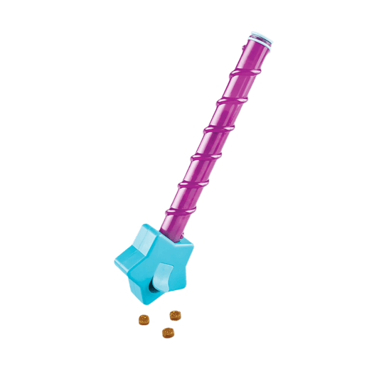 Magic Wand Treat Dispenser, star-shaped dog toy, multi-color design.