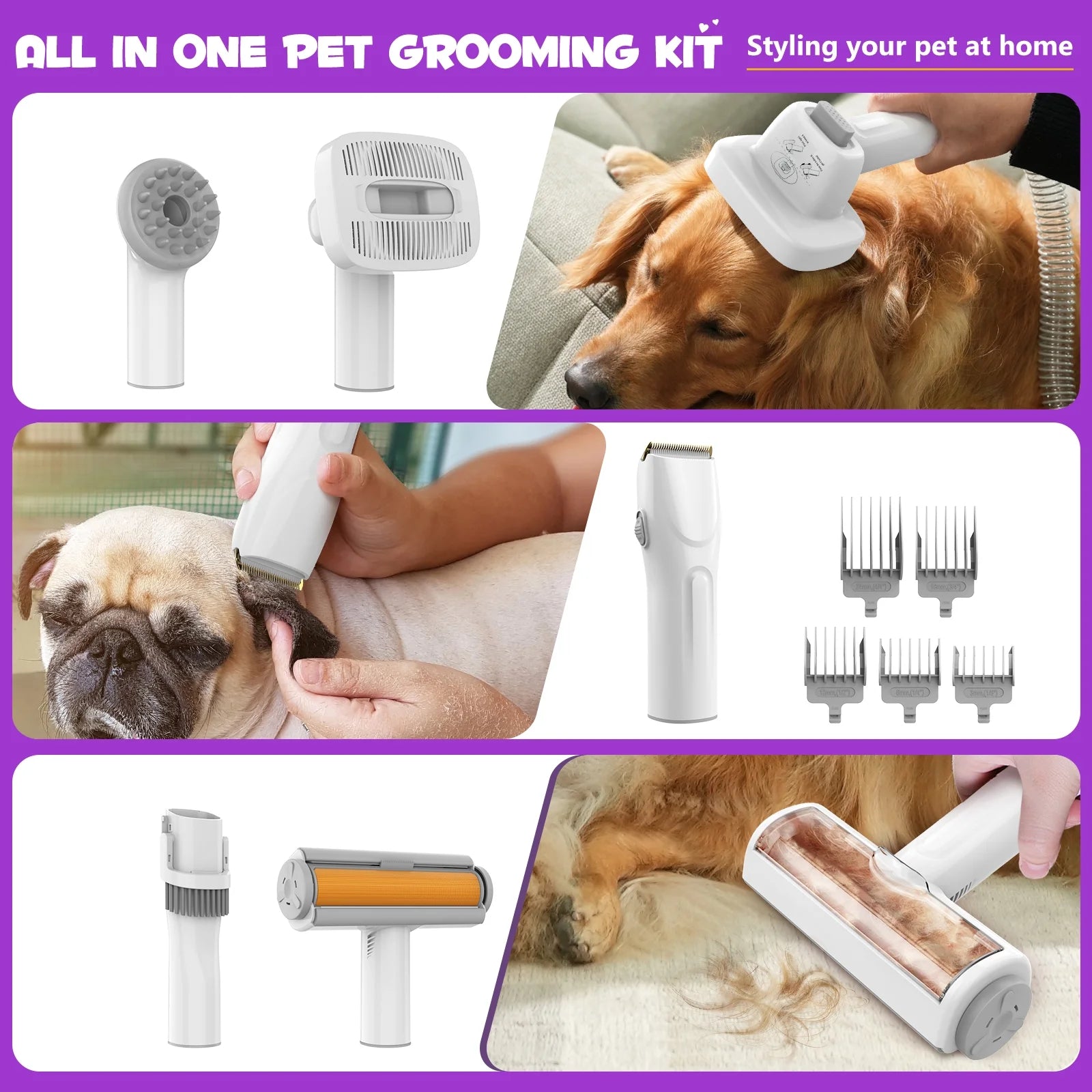 Pet Grooming Kit & Vacuum 99% Pet Hair Suction, 8 Pet Grooming Tools, 6 Nozzles, 1.5L Cup, Storage Bag, Dog Grooming Vacuum with Nail Grinder/Paw Trimmer/Shedding Brush for Dog, Cat, White - Petopia Company